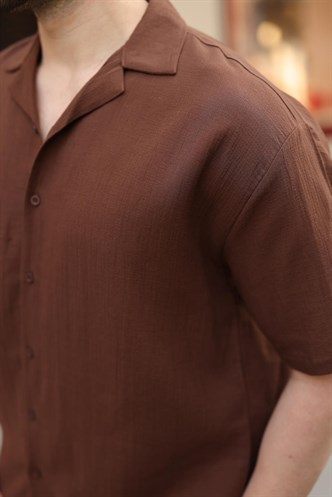 Acı Kahverengi %100 Pamuklu Erkek Şort Gömlek Takım E7360