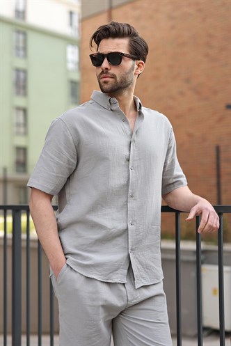 Boyalı Gri Basic Erkek Şort Gömlek Takım E7321