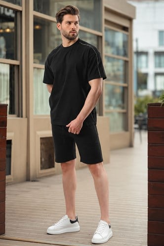Siyah Overfit Baskılı Erkek Şort T-shirt Takım E7302