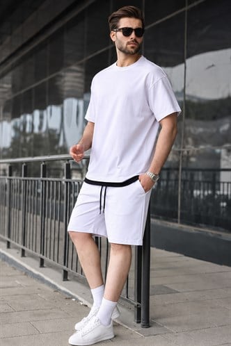 Madmext Men White T-shirt Shorts Set 5668