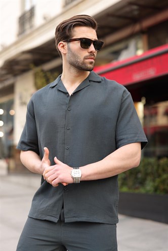 Füme %100 Pamuklu Erkek Şort Gömlek Takım E7360