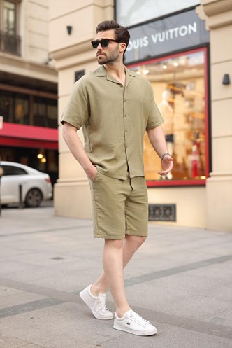 Açık Yeşil %100 Pamuklu Erkek Şort Gömlek Takım E7360