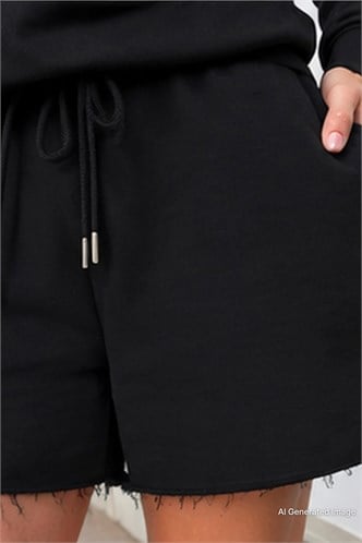 Siyah Polo Yaka Kadın Şort Sweatshirt Takım Mg2375
