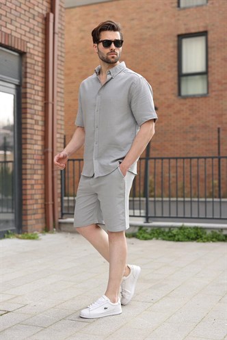 Boyalı Gri Basic Erkek Şort Gömlek Takım E7321