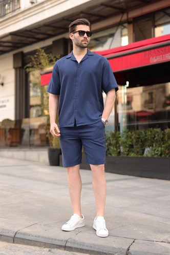 Lacivert %100 Pamuklu Erkek Şort Gömlek Takım E7360