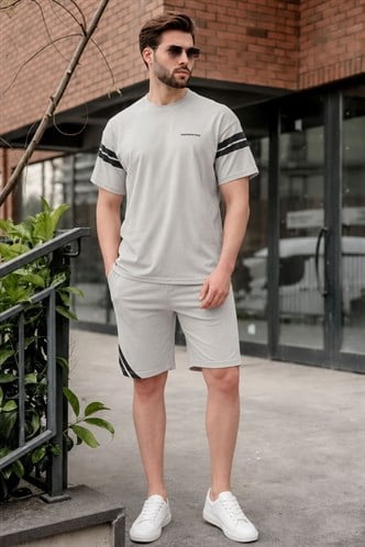 Boyalı Gri Şerit Detaylı Erkek Şort T-shirt Takım E7301