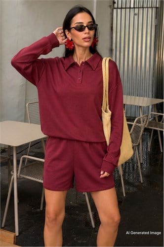 Bordo Polo Yaka Kadın Şort Sweatshirt Takım Mg2375