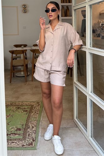 Bej Kısa Kollu Modal Gömlek Şort Takım MG2739