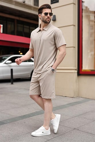 Bej Polo Yaka T-shirt Şort Takım E7363