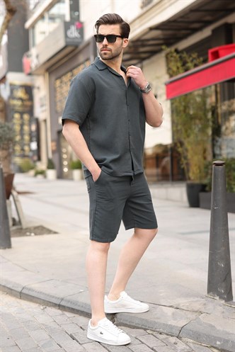 Füme %100 Pamuklu Erkek Şort Gömlek Takım E7360