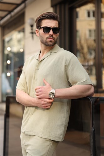 Mint Yeşili %100 Pamuklu Erkek Şort Gömlek Takım E7360