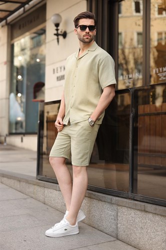 Mint Yeşili %100 Pamuklu Erkek Şort Gömlek Takım E7360