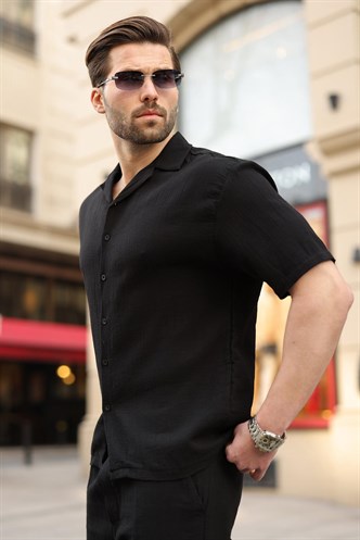 Siyah %100 Pamuklu Erkek Şort Gömlek Takım E7360