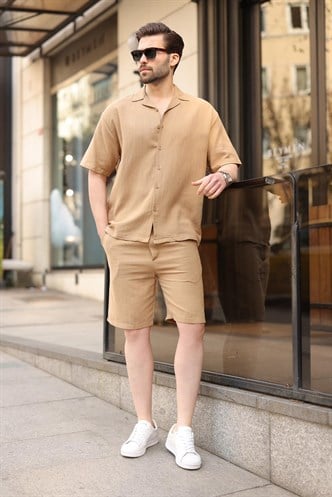 Vizon %100 Pamuklu Erkek Şort Gömlek Takım E7360