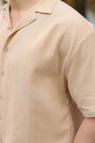 Bej %100 Pamuklu Erkek Şort Gömlek Takım E7360