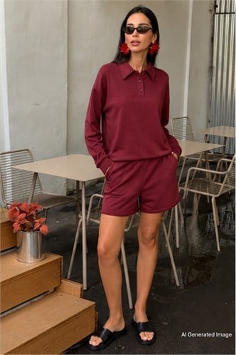 Bordo Polo Yaka Kadın Şort Sweatshirt Takım Mg2375