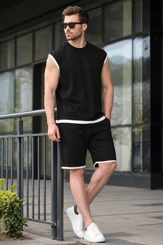 Siyah Sıfır Kol Erkek Şort T-shirt Takım E7308