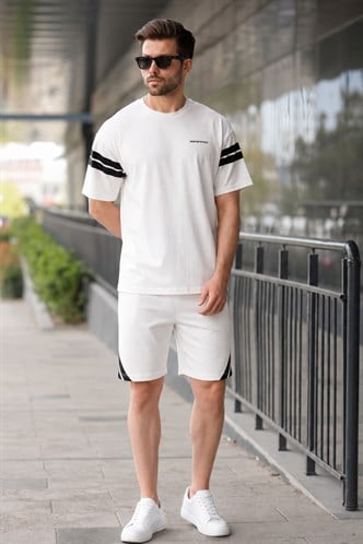 Ekru Şerit Detaylı Erkek Şort T-shirt Takım E7301