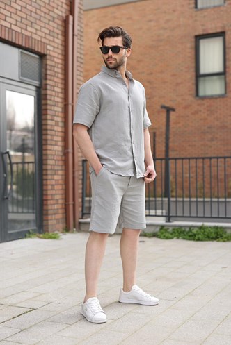 Boyalı Gri Basic Erkek Şort Gömlek Takım E7321