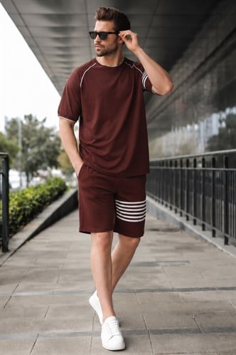 Acı Kahve Baskılı Reglan Kol Erkek Şort T-shirt Takımı E7306