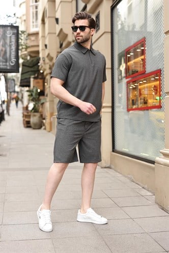 Antrasit Polo Yaka T-shirt Şort Takım E7363