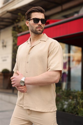 Bej %100 Pamuklu Erkek Şort Gömlek Takım E7360