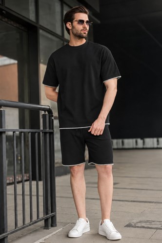 Siyah Nakış Detaylı Erkek Şort T-shirt Takım E7305