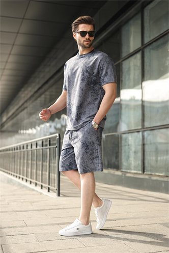 Lacivert Batik Desenli Overfit Şort T-shirt Takım E7357