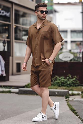 Erkek Kahverengi Basic Oversize Gömlek Takımı 5588