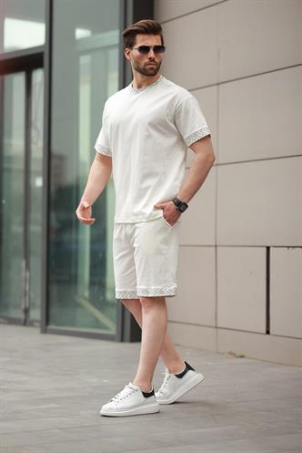 Ekru Baskılı %100 Pamuklu Erkek Şort Tişört Takım E7312