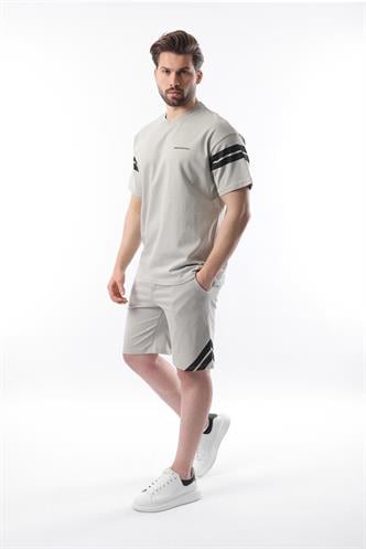 Boyalı Gri Şerit Detaylı Erkek Şort T-shirt Takım E7301