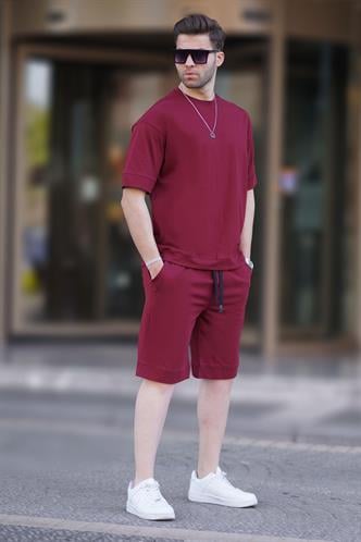 Bordo Bisiklet Yaka Basic Erkek Şort Takımı 5953