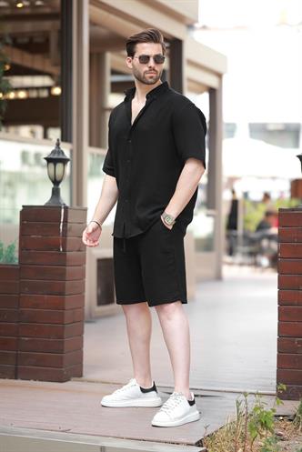 Siyah Basic Erkek Şort Gömlek Takım E7321