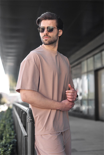 Taş Rengi Tensel Kumaş Erkek Şort Tişört Takım E7349