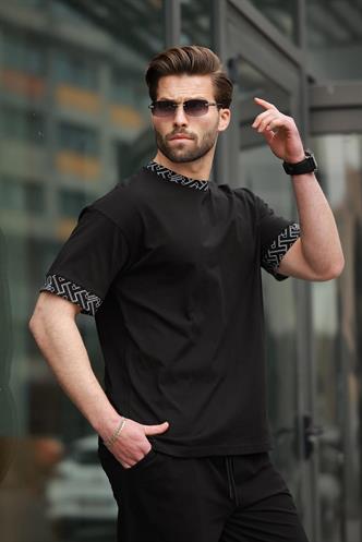 Siyah Baskılı %100 Pamuklu Erkek Şort Tişört Takım E7312