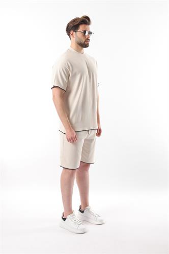Bej Nakış Detaylı Erkek Şort T-shirt Takım E7305