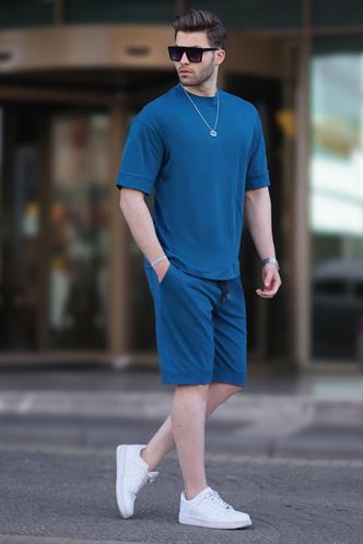 Petrol Mavisi Bisiklet Yaka Basic Erkek Şort Takımı 5953