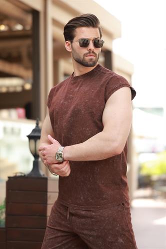 Acı Kahve Basic Erkek Yırtık Detaylı Şort T-shirt Takım E7319