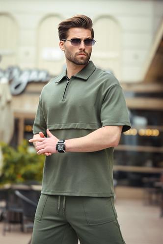 Haki Fermuarlı Polo Yaka Erkek Şort Gömlek Takımı E7314