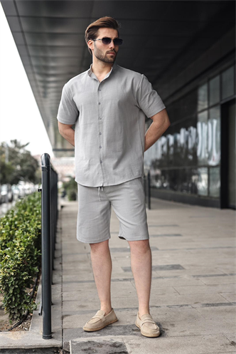 Boyalı Gri Erkek Şort Gömlek Takım E7350