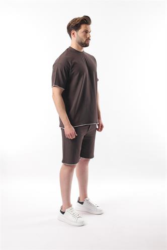  Kahverengi Nakış Detaylı Erkek Şort T-shirt Takım E7305