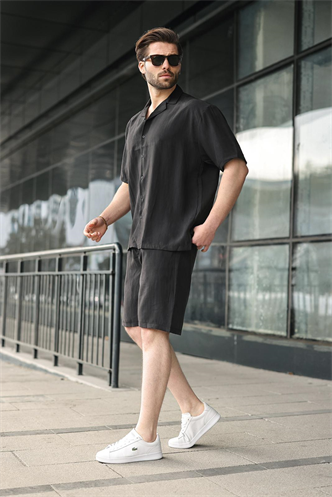 Siyah Tensel Kumaş Erkek Şort Gömlek Takım E7352