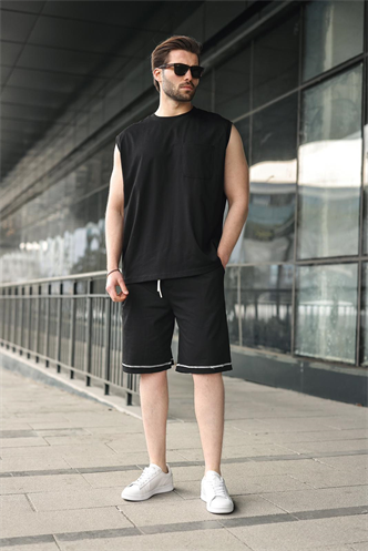 Siyah Bisiklet Yaka Kolsuz Erkek Şort T-shirt Takım E7351
