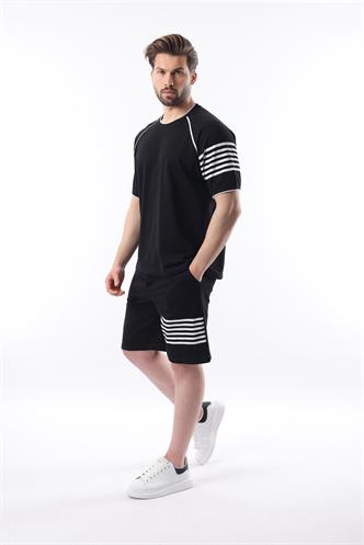 Siyah Baskılı Reglan Kol Erkek Şort T-shirt Takımı E7306