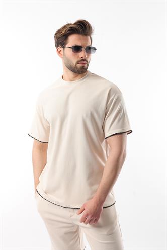 Bej Nakış Detaylı Erkek Şort T-shirt Takım E7305