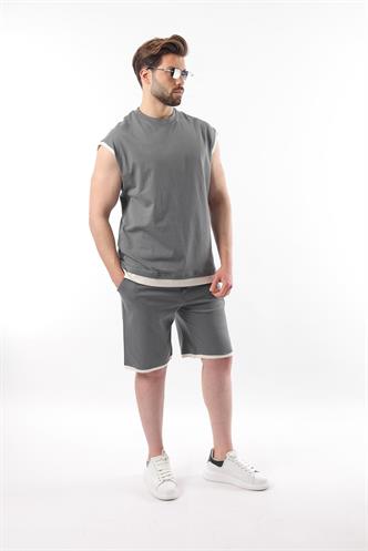 Füme  Sıfır Kol Erkek Şort T-shirt Takım E7308