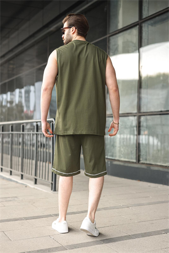 Haki Bisiklet Yaka Kolsuz Erkek Şort T-shirt Takım E7351