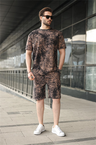 Siyah-Kahverengi Batik Desenli Overfit Şort T-shirt Takım E7357