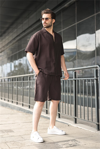 Kahverengi Tensel Kumaş Erkek Şort Gömlek Takım E7352