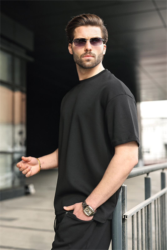 Siyah Bisiklet Yaka Oversize Erkek Şort T-shirt Takım E7355